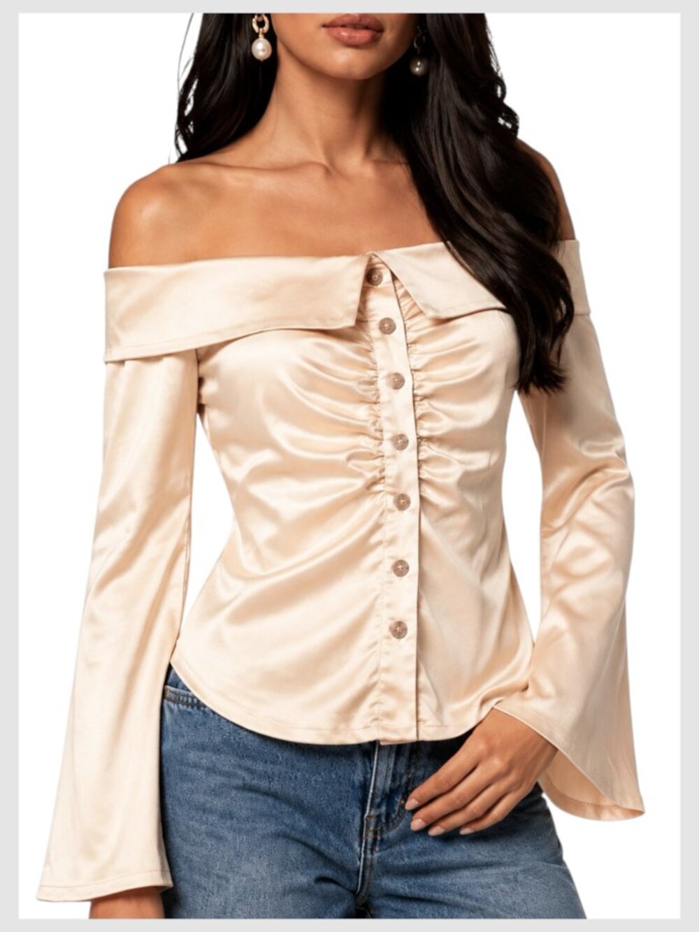 Anthropologie Off Shoulder Satin Blouse Champagne Cream Ruched XS